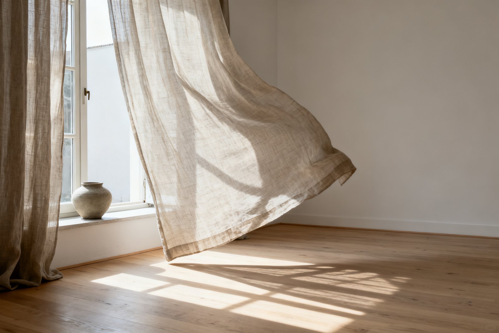 Full-length sheer linen panel lifting in a draught at an open window, its shadow falling in bands across the floor