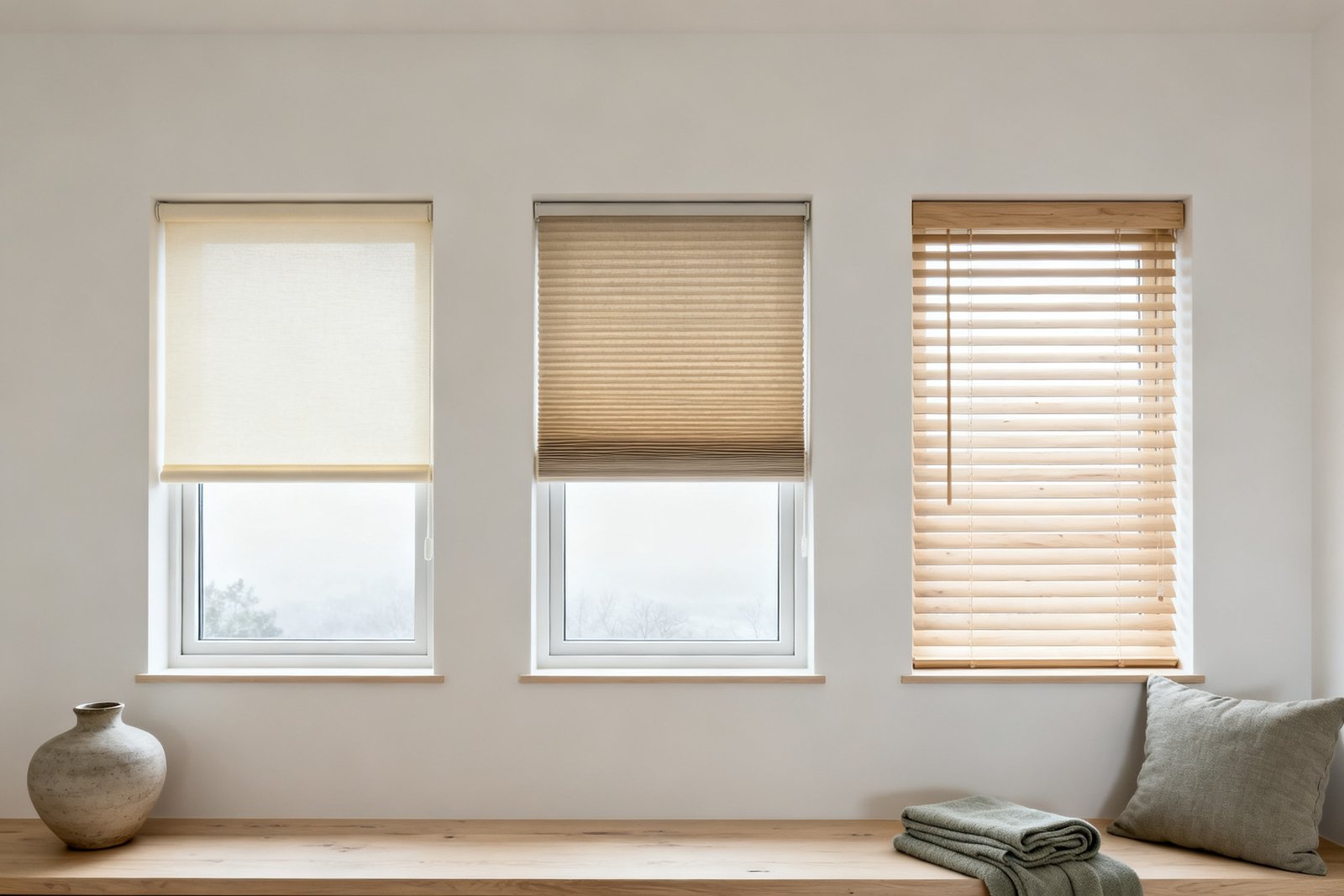Three identical windows on one wall fitted with a roller shade, a cellular honeycomb shade and wooden venetian blinds at the same height.