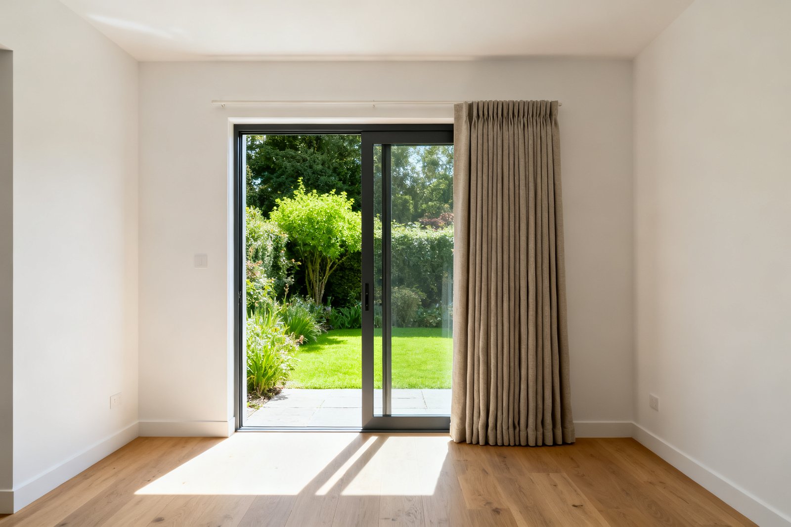 A sliding glass patio door with one leaf open and the curtain panel stacked clear of the opening, garden light spilling onto the floor.