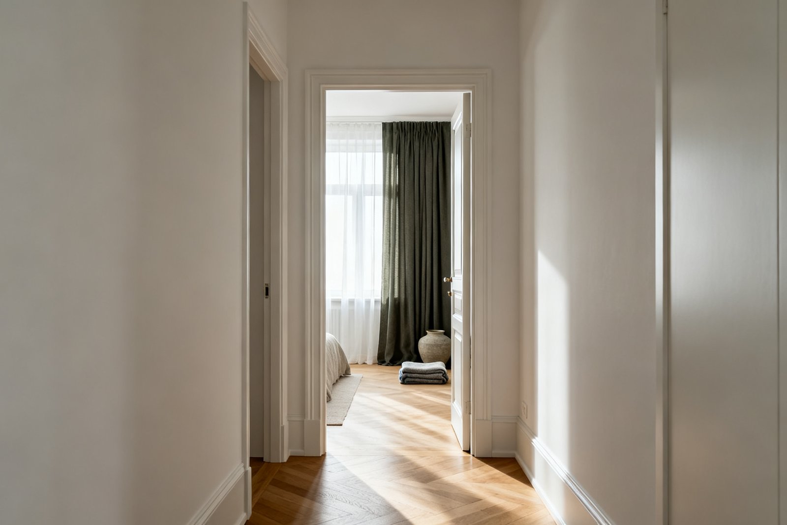 A hallway seen through two open doorways, one room with a bright sheer at the window and the other with heavy drapes half drawn.