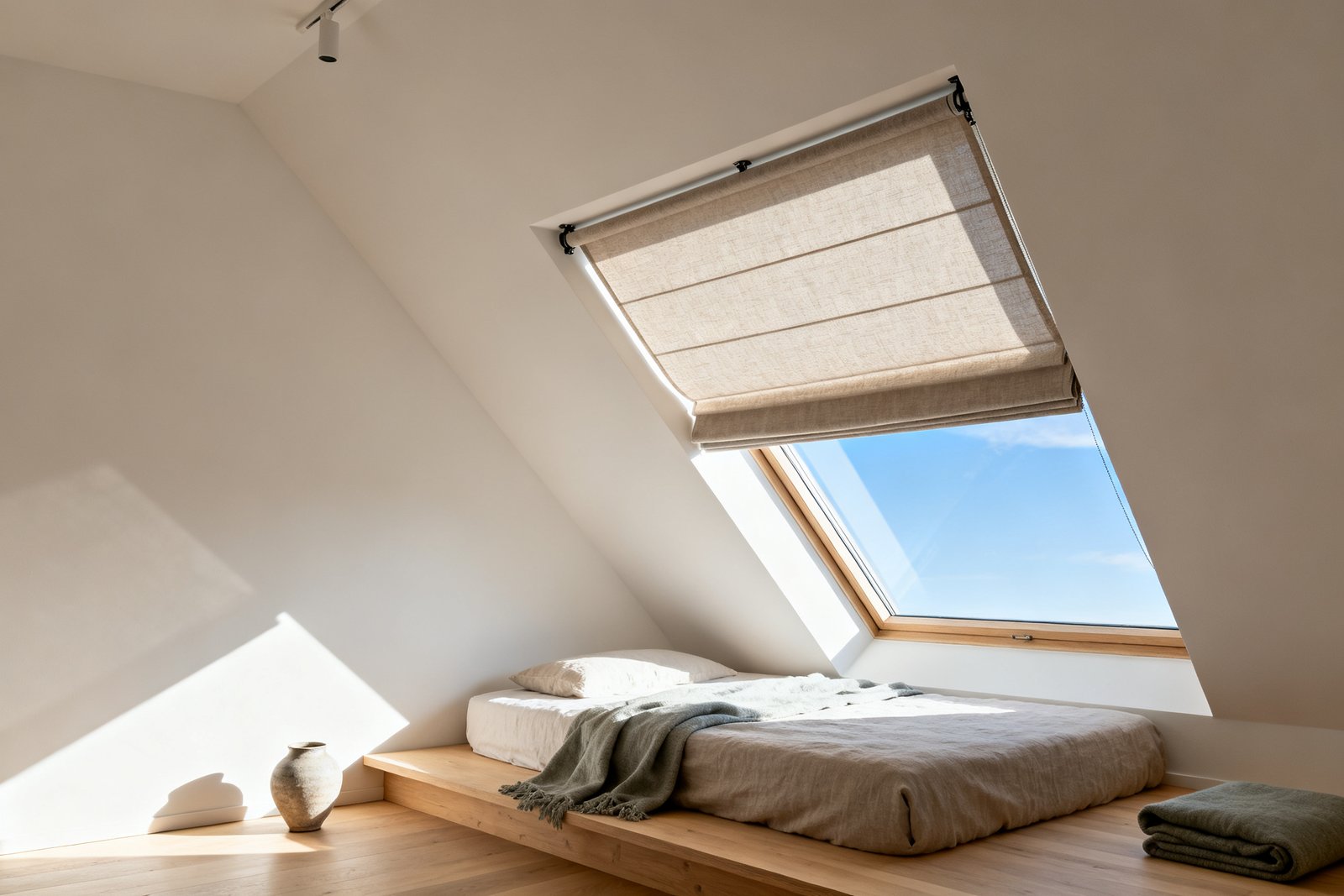 An attic skylight set in a sloped ceiling fitted with a blind on side tracks pulled halfway down and held flat against the glass.